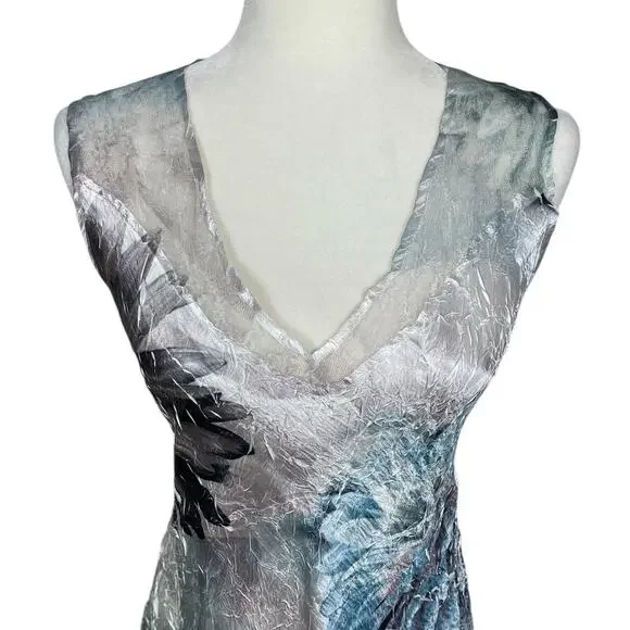 Komarov Satin Crinkle Stretch Floral Lace Maxi Dress Sz MP Whimsy Fairy Coquette - Picture 4 of 13